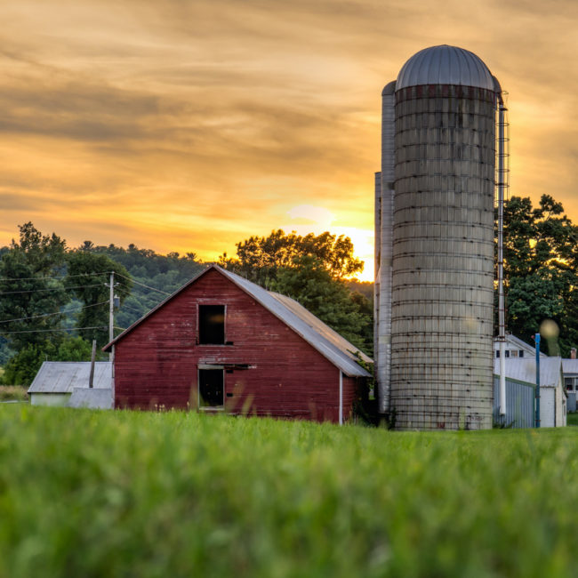 The barn during a moody sunset in the Berkshire Mountains